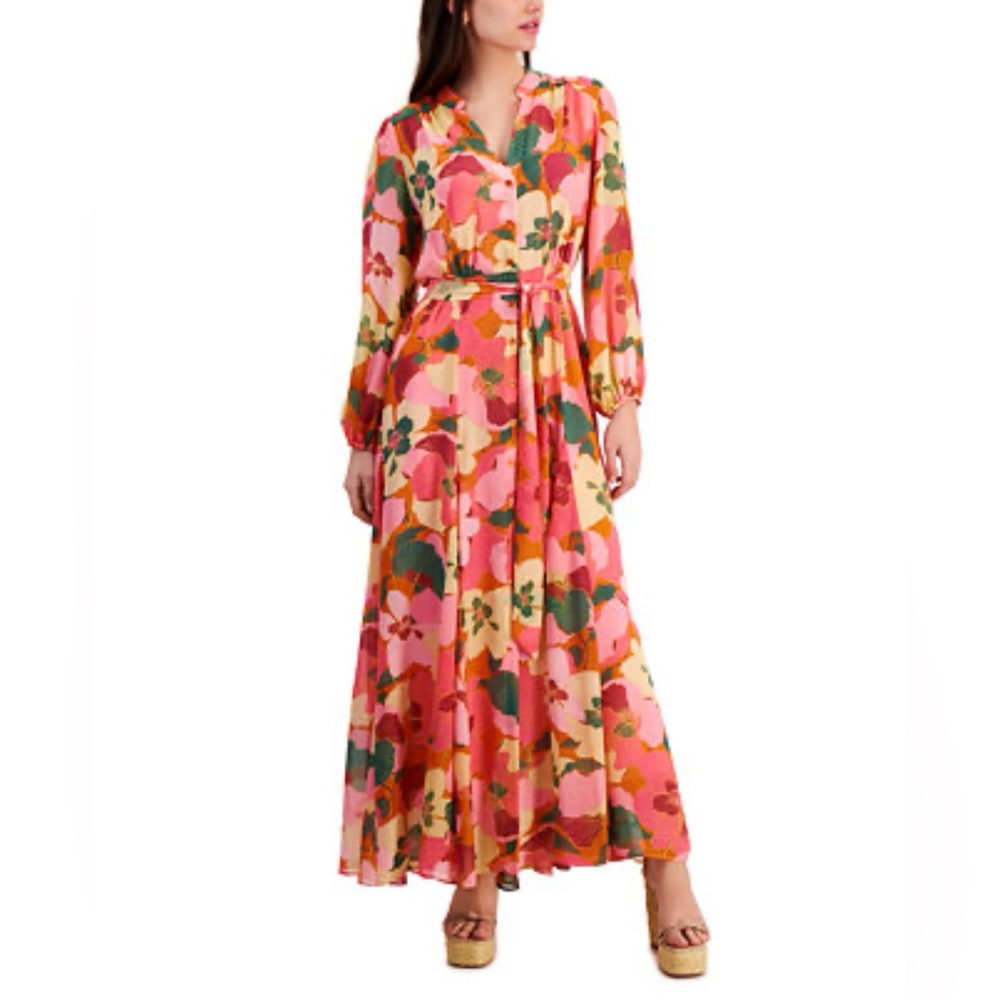 Taylor Pink Floral Maxi Dress with Long Sleeves